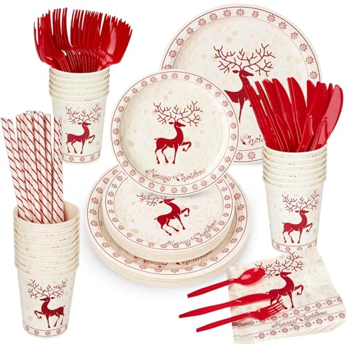 GarveeHome 215 Pcs Christmas Plates and Napkins Set Serve 25, Christmas Elk Disposable Tableware Set, Decorations Includes Plates, Cups, Napkins, Tableware