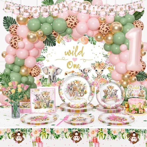 Hombae Wild One Birthday Decorations Girl Jungle Safari Animal Theme 1st First Party Supplies Include Plates Napkins Forks Backdrop Balloon Leaves Banner Tablecloth Cake Topper 269PCs