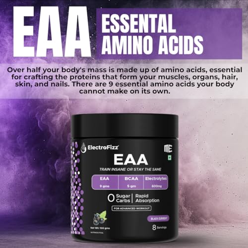 Image of Advanced EAA Supplement For Men & Women With Hydration Blend & Vitamins | 9000 mg EAA intra workout Supplement With BCAA 5000Mg - 8 Servings,100 gms (Black currant)