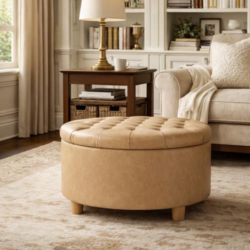 Image of HomePop 28 inch Button Round Storage Ottoman - Light Camel Faux Leather