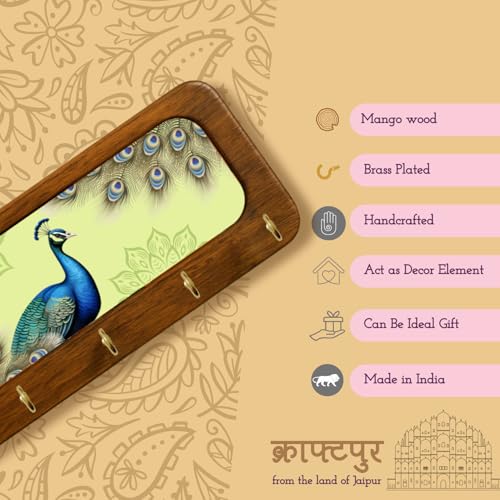 Image of Stylish Wooden Key Holder for Wall | Cute Key Holder for Home Decor | Key Holder Stand with 5 Hooks | Wall Mounted Key Hanger| (Peacock keyholder)