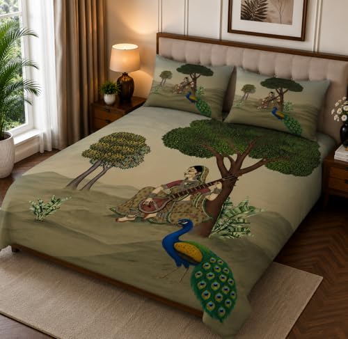 Image of 7D Digital Printed King Size Bedsheet with 2 Pillow Covers | Soft Premium Cotton Feel Microfiber Double Bed Bedsheet | Breathable, Wrinkle Free & Fade Resistant | (Ethnic, KingSize-225x250CM)