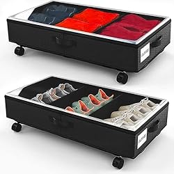 Cajones Bajo Cama Con Ruedas Cajas Almacenaje Ropa 2 Piezas Organizador Armario Canape Bolsa de Almacenamiento Guardar con ruedas Marco Metálico Ventana Transparente Plegable Caja Bajo Cama Para Zapatos Mantas Juguetes,Negro