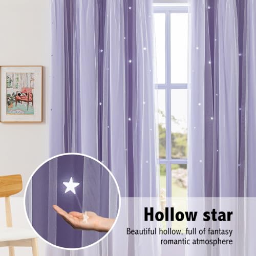 Image of indistar Star Cutout Kids Window Blackout Curtains for Girl Bedroom Window Room Darkening Curtains & Drapes Baby Nursery Curtains (2 Panel,52Wx84L inch,Lavender)