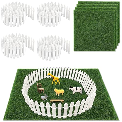 MaehSab 8 Pieces 35 Inches Mini Fairy Garden Fence Set, 4 Pcs Small White Wood Picket Fake Fencing Gate with 4 Pcs Fake Grass 6 x 6 Inches for DIY Dollhouse Fairy Miniature Decoration