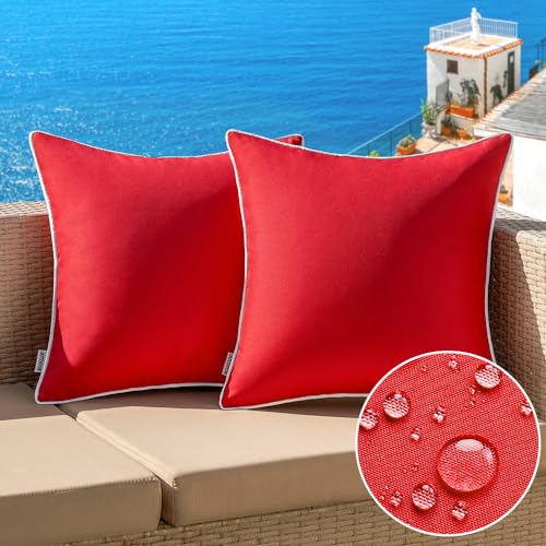 MIULEE Pack of 2 Outdoor Waterproof Decorative Farmhouse Throw Pillow Covers - Square Solid Color Couch Pillows for Patio Tent Bed Sofa Living Room - 18x18 Inch Red