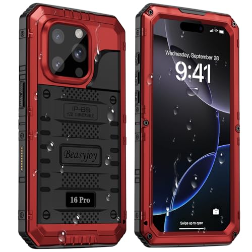Beasyjoy for iPhone 16 Pro Case Waterproof, Metal Heavy Duty Full Body Protective Case with Built-in Screen Protector, Military Grade Shockproof Dustproof Defender Cover for iPhone 16 Pro 6.3", Red