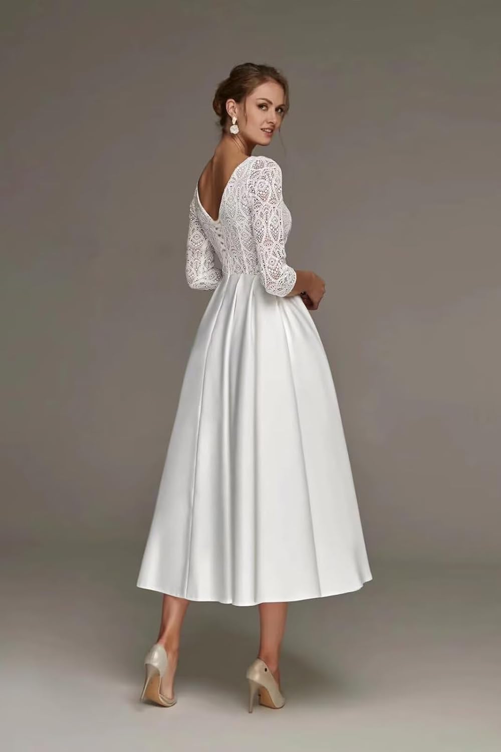 Womens Half Sleeves Tea Lenght Wedding Dress for Bride Satin Lace V Neck A Line Bridal Dress with Pockets - Image 2