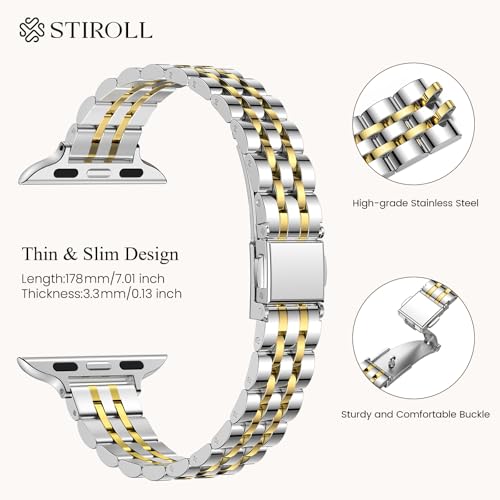 STIROLL Slim Metal Band Compatible with Apple Watch Band 49mm 46mm 45mm 44mm 42mm(Series 3 2 1) Women, Stylish Thin Stainless Steel Chain Straps for iWatch Bands Series 11 10 9 8 7 6 5 4 SE Ultra, Silver Gold by STIROLL - Image 3
