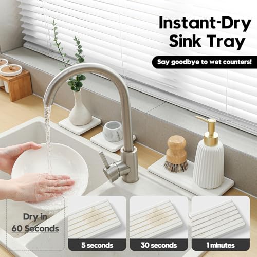 Fast Water Absorption Sink Organizer Tray Set, 3-Pack Compact and Space-Saving Stone Soap Holder Caddy for Kitchen & Bathroom Counter, Faucet Splash Guard, White (1pc of 8"x3.8" + 2pcs of 3.8"x3.8") by Homdiva - Used condition - Image 2