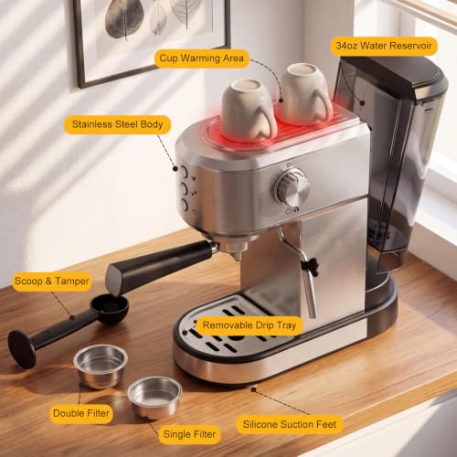 $59.99: KMFurnila 20-Bar Espresso Coffee Machine with Milk Frother, 1350W, NTC Temperature Control, 34oz Tank, Silver - image 7