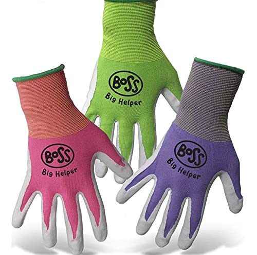 BOSS CAT GLOVES Boss Kid's Big Helper Nylon w Nitrile Coated PalmFingers Gloves (Pack of 3), Small, (8438K)