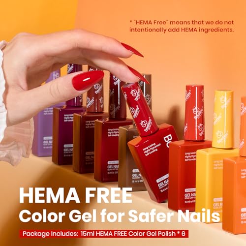 Image of Beetles Fall Gel Polish Set, 6 Colors 15ML Full Size Hema-Free Gel Polish | Burgundy Brown Dark Red Yellow Light Orange Kit Soak Off UV LED Hema Free DIY Home Salon Gifts for Women