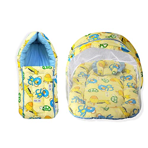 Image of MOM & Son Baby Cotton Bedding Set Mattress with Net & Baby Sleeping Bag (0-3 Months) (Yellow & Green, Single Size)