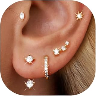 6 Pairs 14K Gold Plated Stud Earrings for Women, Hypoallergenic Cartilage Earrings for Multiple Piercing, Dainty Small Stackable Earrings Jewelry Set