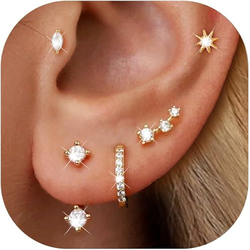 6 Pairs 14K Gold Plated Stud Earrings for Women, Hypoallergenic Cartilage Earrings for Multiple Piercing, Dainty Small Stackable Earrings Jewelry Set