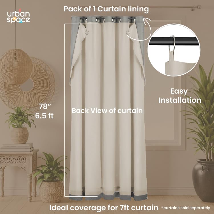 Image of Urban Space Blackout Lining Curtain for Door, Polyester Door Curtains Lining Panel 48 inch x 78 inch, Extra 70% Sun & Heat Blocking Curtains with 8 Steel Rings, 1 Peice (Beige, 7 Feet)