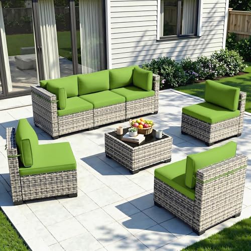 Image of 7-Piece Patio Furniture Set, Outdoor Sectional with Thick Cushions, Modular Patio Sofa, Dual-Strand Wicker Rattan, Rust-Resistant Frame, Backyard Furniture for Garden, Deck, Grass Green