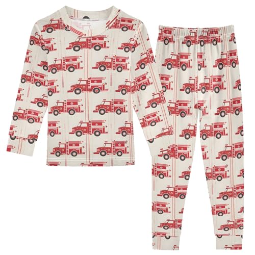 Red Fire Trucks Pattern Cute Pajama Sets Long Sleeve Top and Pants, Snug Fit Sleepwear for Night Wears
