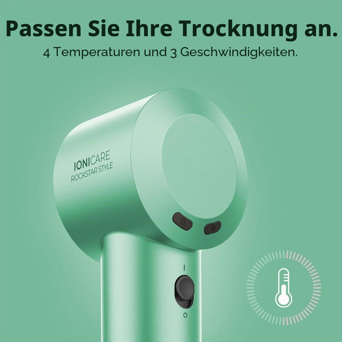 Cecotec Ionicare Rockstar Style Grüner Haartrockner, sehr kompakter, leichter Haartrockner, Motor 1500W, 110000 U/min, Ionengenerator, 4 Temperaturen, 3 Geschwindigkeiten, leise: Brushless-Technologie