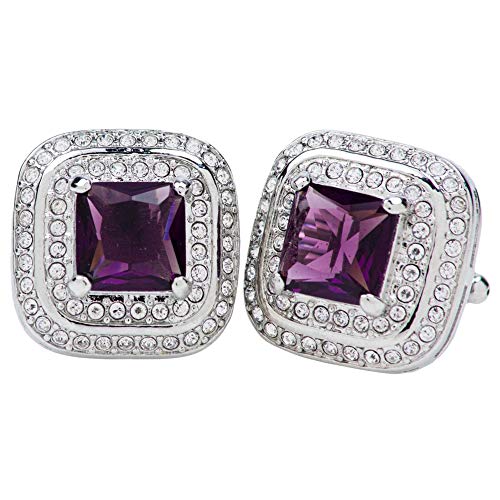 Vittorio Vico Square Colored Crystal Double Diamond Set Cufflinks for Men - Unique Mens Jewelry - Best Gift for Him, Dad, Uncle, Bestfriend, Groom (Silver Metal, Purple Crystal)