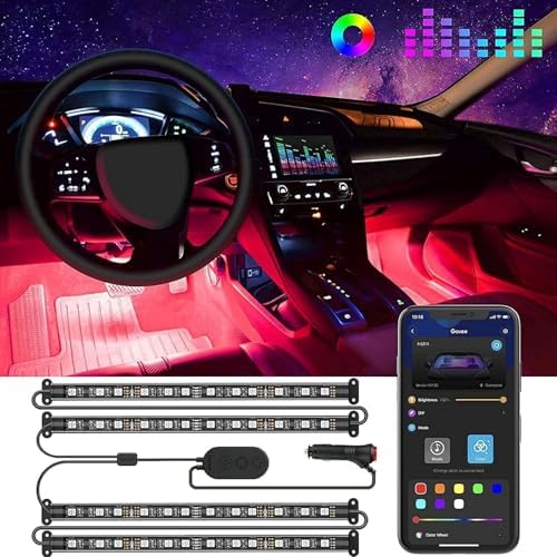 Govee RGB LED Innenbeleuchtung Auto, Upgrade 2-Linien, APP Musik Sync, 12V | 16M DIY-Farben, 4pcs 48 Strip Zigarettenanzünder mit Speicherfunktion, Wasserdichte, Kurzschlussschutz,