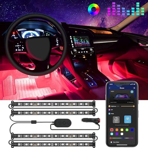 Govee LED Innenbeleuchtung Auto, 4pcs 48 Strip, Upgrade Zwei-Linien-Design, Wasserdicht Beleuchtung APP Steuerbare Mehrfarbig Musik mit Zigarettenanzünder, 12V