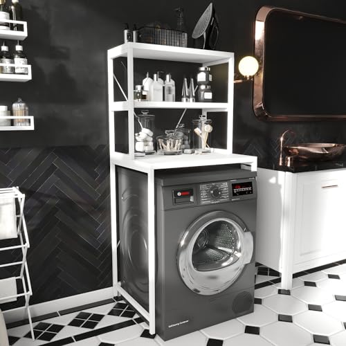 AVENSIS Washelf Drum Washing Machine Storage Rack for Multipurpose Usage, Waterproof Over Washer Shelving with Sturdy Metal Frame and Adjustable Leg Pads for Laundry & Bathroom (White + White)