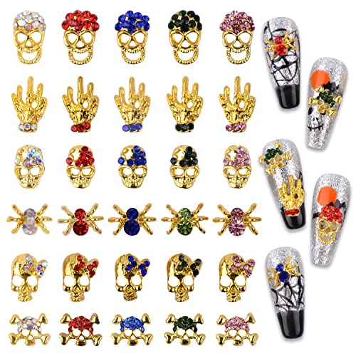 Qimyar Halloween Charms For Nails, 5 Colors 3D Halloween Nail Art Charms With Crystal Rhinestones Nail Decoration Mixed Skull Spider Skeleton Hands Design Luxury Gold Metal Nail Accessories 30Pcs/Box #TOP2