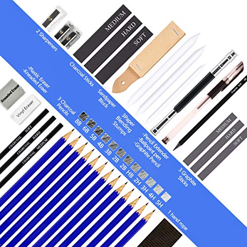 ADAXI Drawing Pencils with Sketch Book 50 Pages, 35 Piece Sketch Pencils Professional Drawing Kit in Zipper Case, Sketching Art Set with Graphite Charcoal Sticks Tool for Adults Kids All in One Case