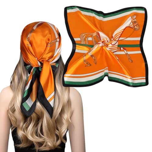 EXTREE Fashion Silky Satin Headscarf for Women Girls: Exquisite Pattern Lightweight Silk Graceful Scarfs 27.5 x 27.5 inches Army Green Horse Orange Black and White