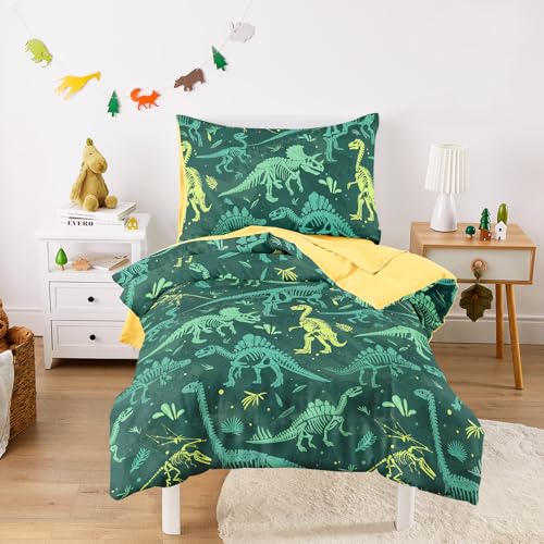 Wake In Cloud - Dinosaur Toddler Bedding Set for Boys, Colorful Dino Prehistoric Fossil, 4 Pieces Soft Crib Bed Set Including Comforter, Sheets and Pillowcase, Forest Green