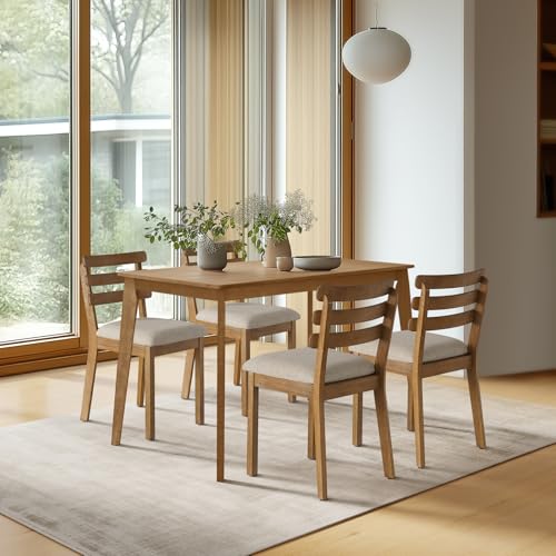 Image of Farmhouse Dining Table Set for 4, Wooden Kitchen Table & Solid Wood Chairs
