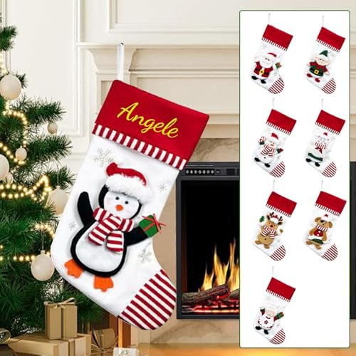 2025Personalized Christmas Stockings, Cotton Embroidered, Santa Snowman Reindeer Penguin Design, Red and White Striped, Custom Name Holiday Decor (penguin, big)