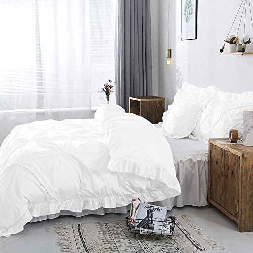 Image of 300 TC Pinch Ruffle 2 Tone Duvet /Razai /Blanket Cover with 2 Pillow Cover- 100% Cotton (Zipper Closure) Razai Cover 3 PC Set, Soft & Lightweight-Queen Size White