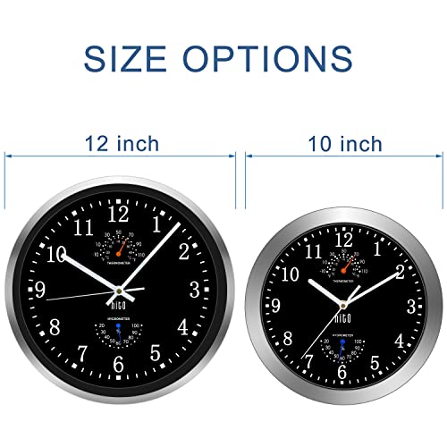 Hito 12 Inch Silent Wall Clock Battery Operated Non Ticking Glass Cover Silver Aluminum Frame, For Kitchen, Bedroom, Home Office, Living Room Decor (12" Black) #TOP2