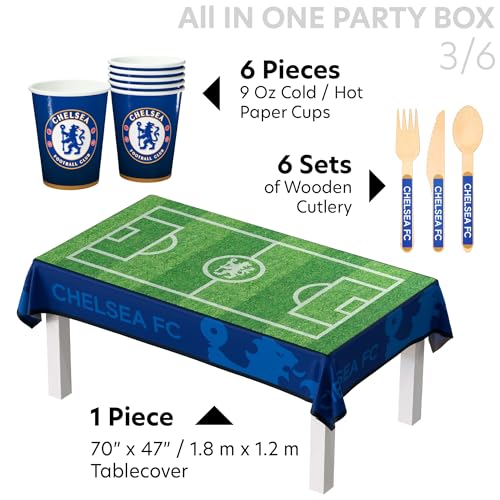 Chelsea FC – Boîte de 77 fournitures de fête officielles tout-en-un pour 6 invités | Ensemble de vaisselle jetable avec couverts, ballon en jersey, décorations et cadeaux de fête | Parfait pour les – vue 7
