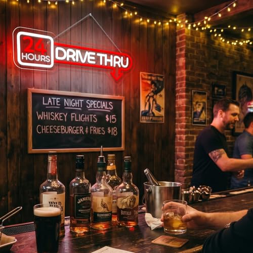 Image of Open 24 Hours Neon Sign Drive Thru Wall Night Light for Restaurant Decor | 16.5*5.5IN,Five level brightness adjustment,USB powered,For for Business Fast Food Club Coffee Shop Restaurant Stores Hotel