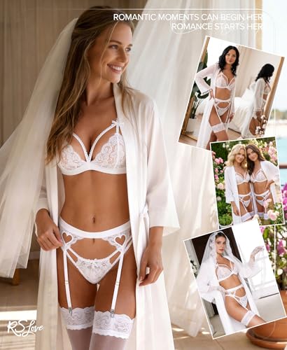 Image of RSLOVE Women Lingerie Set with Garter Belt | Heart Cutout Lace Design, Adjustable Fit, Soft Stretch Fabric, 3 Piece Romantic Lingerie Set