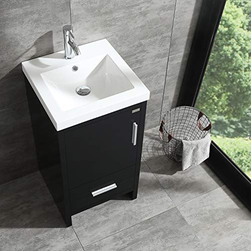 Bathjoy 18Inch Black Bathroom Vanity Mdf Wood Cabinet Resin Counter Top Vessel Sink Set With Faucet And Pop Up Drain #TOP2