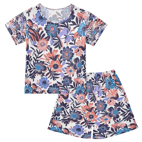 Abstract Purple Flower Kids Pjs Set Boys Girls Summer Short-Sleeve Sleepwear Pajamas 2PCS
