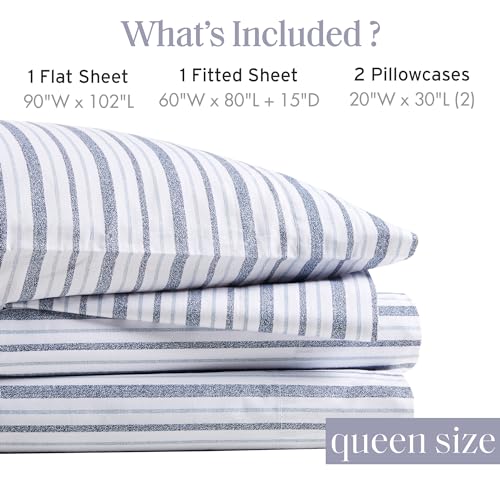 Image of Madison Park 100% Cotton Sheets, Queen Size, 200TC, Blue Stripe, 4 Piece | Breathable & Soft Sheet Set, Printed Design, All Season Comfort, Elastic Deep Pocket Fits Up to 17 inch Mattress, OEKO-TEX