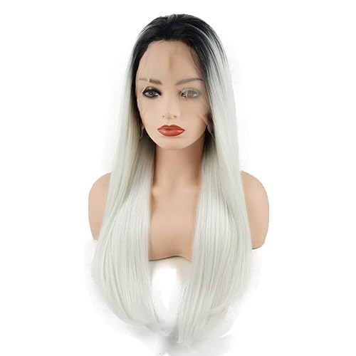 Miniatura 3 de Cabello liso largo 24 pulgadas raíz oscura blanco Ombre medio atado a mano resistente al calor sintético encaje frente pelucas