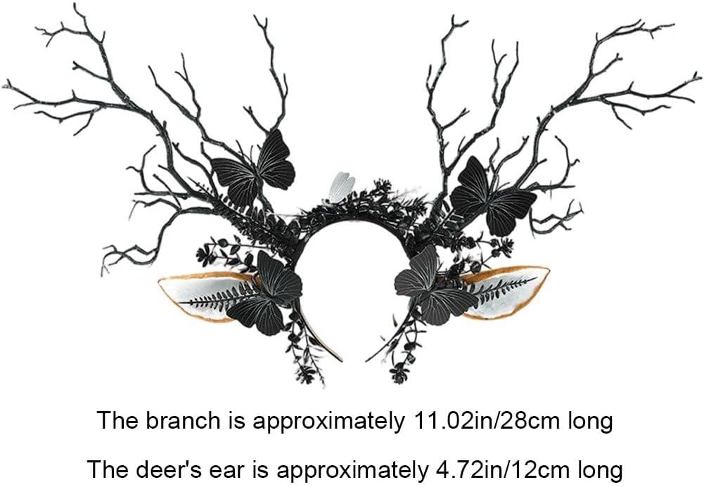Antlers Headband Gothic Dark Reindeer Ears Headband Black Flower Butterfly Headpiece Halloween Party Photo Accessory