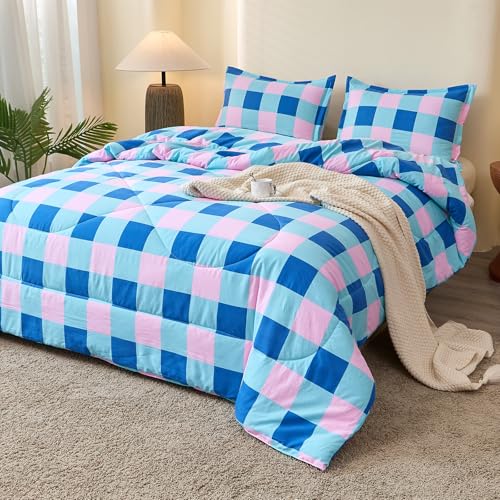 Image of Caressma Comforter Set Colorful Checkered Queen Size, 3 Pieces Blue and Pink Grid Comforter Bedding Set, Geometric Checkered Bedding with Pillowshams