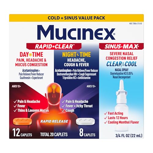 Mucinex Rapid+Clear Maximum Strength Day & Night Cold and Flu Medicine for Adults (20 caplets) + Sinus Pressure Relief Nasal Spray (0.75 oz) Over-The-Counter Medication Combo Pack for Symptom Relief