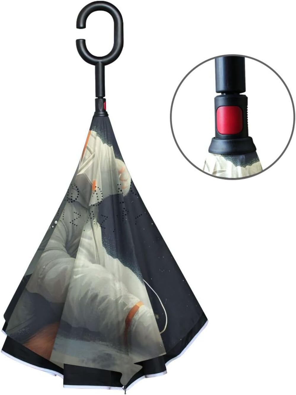 Cat Astronaut Moon Inverted Umbrellas for Rain Windproof Reverse Upside Down Golf Umbrella with C-shape Handle for Men Women