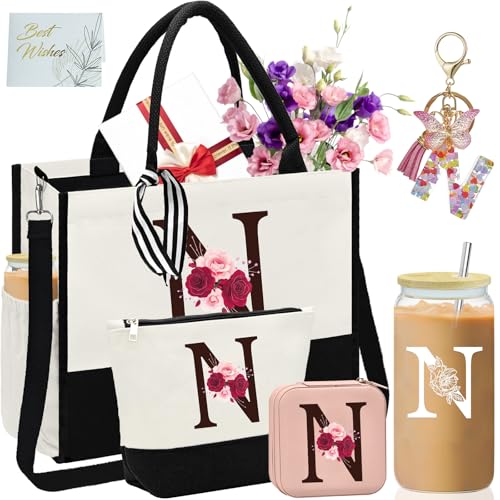AiHeart Mother's Day Gifts,Birthday Gift for Women,Initial Canvas Tote Bag,Personalized...