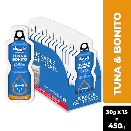 Image of Drools All Life Stages Creamy Lickable Cat Treat (30g x 15) Total 450g Pack of 15 | Tuna & Bonito Flavour | Easy to Hand Feed | Easier Acceptance