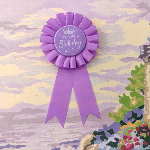 Image of It's My Birthday Award Ribbon, Satin Fabric Birthday Girl Tinplate Badge Pin, Happy Girl Party Button Pin Brooches (Light Purple)